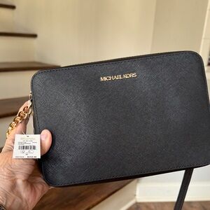 Michael Kors Black Saffiano Leather Camera Crossbody with Gold Hardware NWT